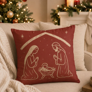 Whimsical Hand-Drawn Christmas Nativity Scene Throw Pillow