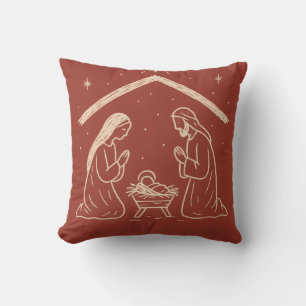 Whimsical Hand-Drawn Christmas Nativity Scene Throw Pillow