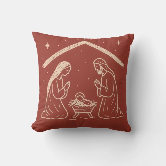 Whimsical Hand-Drawn Christmas Nativity Scene Throw Pillow (Front)
