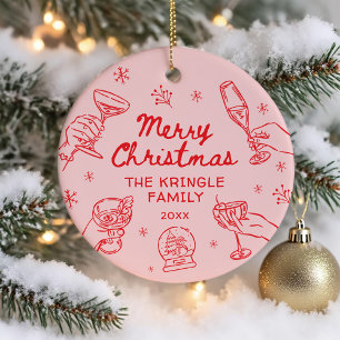 Whimsical Hand Drawn Christmas Party  Ceramic Ornament