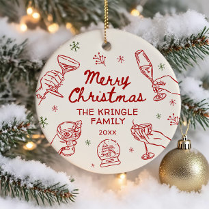 Whimsical Hand Drawn Christmas Party Ceramic Ornament