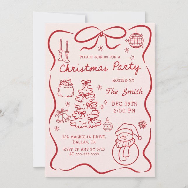Whimsical Hand Drawn Christmas Party Invitation (Devant)