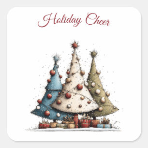 Whimsical Hand-Drawn Christmas Tree Pattern Square Sticker