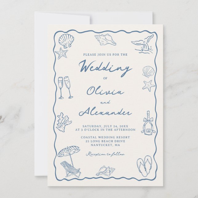 Whimsical Hand Drawn Coastal Beach Wedding Invitation (Front)