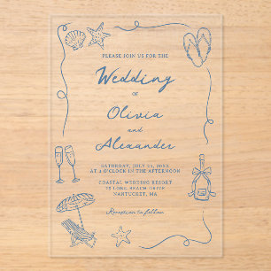 Whimsical Hand Drawn Coastal Blue Beach Wedding Acrylic Invitations