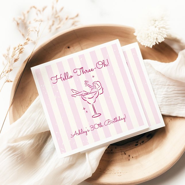 Whimsical Hand Drawn Cocktail Pink 30th Birthday Napkin (Creator Uploaded)