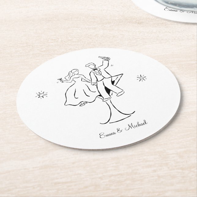 Whimsical Hand Drawn Couple Wedding Engagement  Round Paper Coaster (Angled)