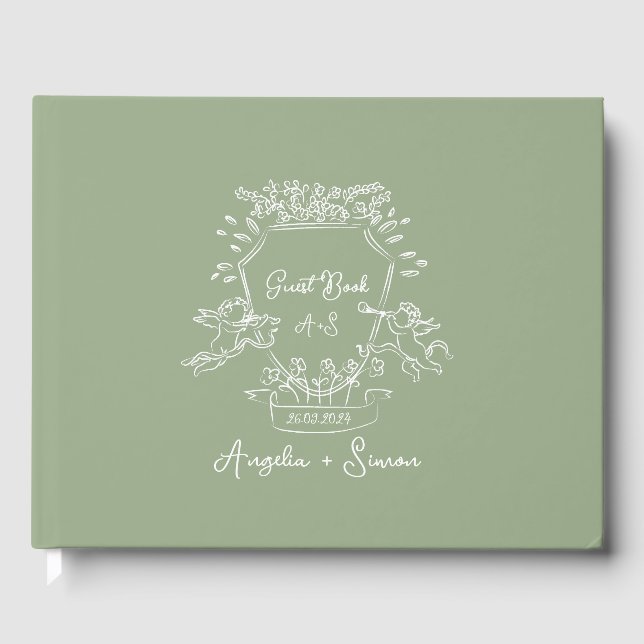Whimsical Hand drawn Crest Sage Green Wedding Guest Book (Front)