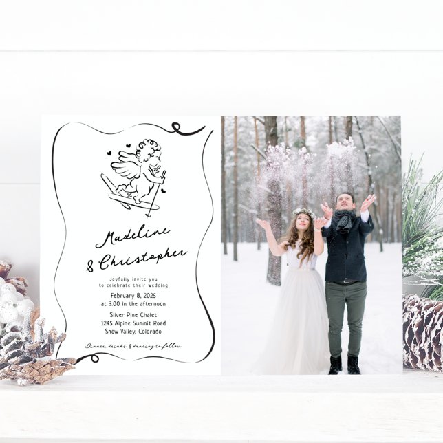 Whimsical Hand Drawn Cupid Ski Photo Wedding Invitation (Creator Uploaded)