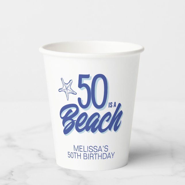Whimsical Hand Drawn Doodle 50th Beach Birthday Paper Cups (Front)