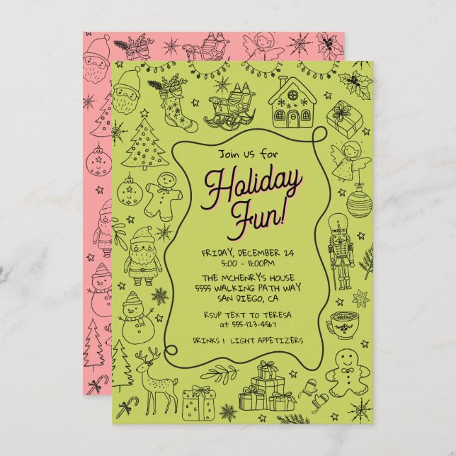 Whimsical hand drawn doodle Christmas Party Invitation (Front/Back)