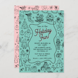 Whimsical hand drawn doodle Christmas Party Invitation
