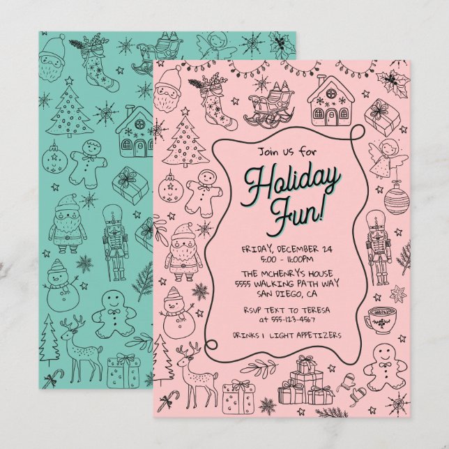 Whimsical hand drawn doodle Christmas Party Invitation (Front/Back)