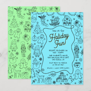 Whimsical hand drawn doodle Christmas Party Invitation