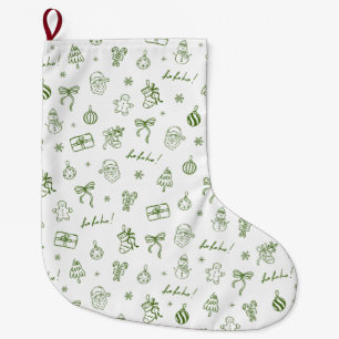 Whimsical Hand Drawn Doodle Green Large Christmas Stocking