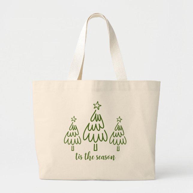 Whimsical Hand Drawn Doodle Green Large Tote Bag (Front)
