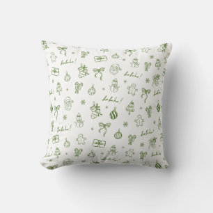 Whimsical Hand Drawn Doodle Green Throw Pillow
