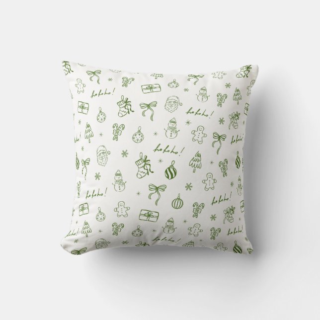 Whimsical Hand Drawn Doodle Green Throw Pillow (Front)
