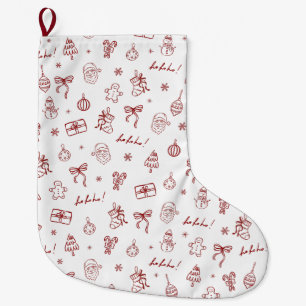 Whimsical Hand Drawn Doodle Red Large Christmas Stocking