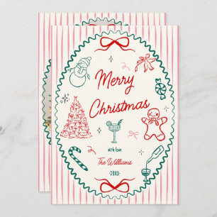 Whimsical Hand Drawn Doodles Christmas Photo  Holiday Card