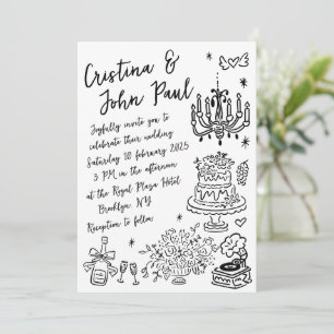 Whimsical Hand Drawn Doodles French Style Wedding Invitation