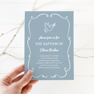 Whimsical Hand-Drawn Dove Blue   Baptism Invitation