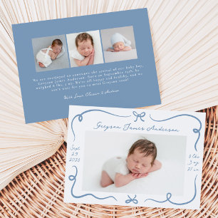 Whimsical Hand-Drawn Dusty Blue Bows 4 Photo Birth Announcement