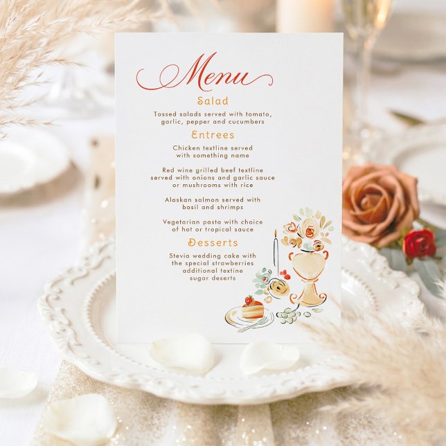 Whimsical Hand Drawn Earthy Fall Wedding Menu (Hand Illustrated Wedding Menu Card With Terracotta Earthy Retro Scene)