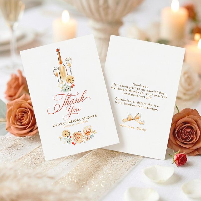 Whimsical Hand Drawn Earthy Small Thank You  Card (Terracotta Whimsical Champagne Bottle and Bow Thank You Cards)