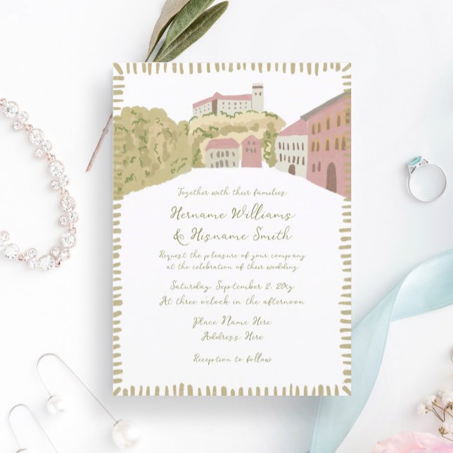 Whimsical Hand Drawn Europe Hill Castle Wedding Invitation (Creator Uploaded)