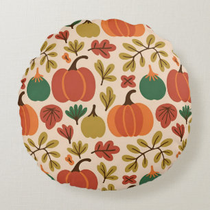 Whimsical Hand-Drawn Fall Halloween Pumpkin Seamle Round Pillow