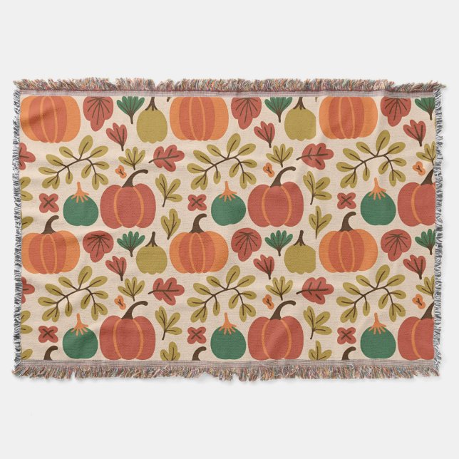 Whimsical Hand-Drawn Fall Halloween Pumpkin Seamle Throw Blanket (Front)