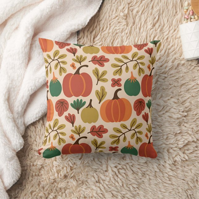 Whimsical Hand-Drawn Fall Halloween Pumpkin Seamle Throw Pillow (Blanket)