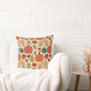 Whimsical Hand-Drawn Fall Halloween Pumpkin Seamle Throw Pillow