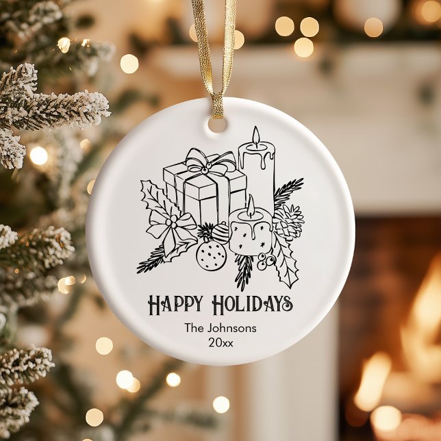 Whimsical Hand drawn Festive Christmas Ceramic Ornament (Creator Uploaded)