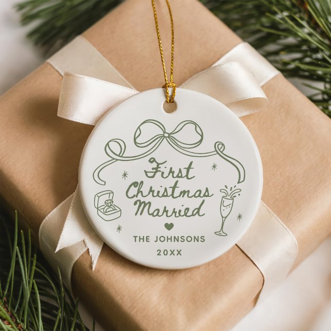 Whimsical Hand Drawn  First Christmas Married Ceramic Ornament (Creator Uploaded)