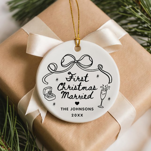 Whimsical Hand Drawn  First Christmas Married Ceramic Ornament (Creator Uploaded)