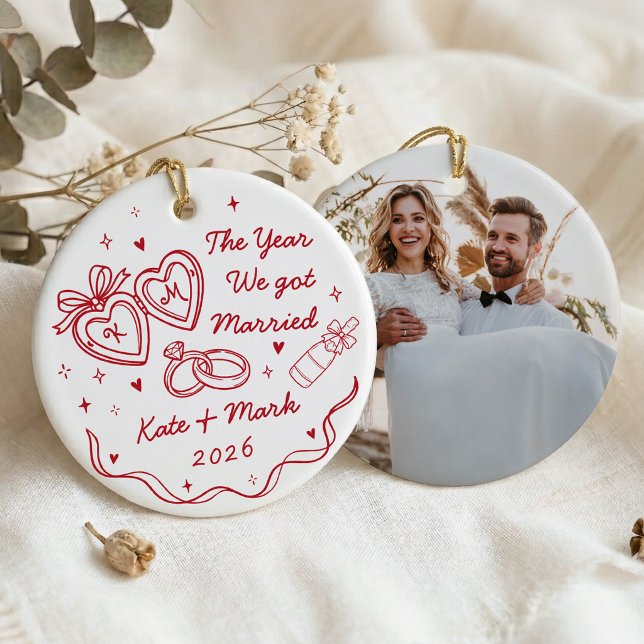Whimsical Hand Drawn First Christmas Married Ceramic Ornament (Creator Uploaded)