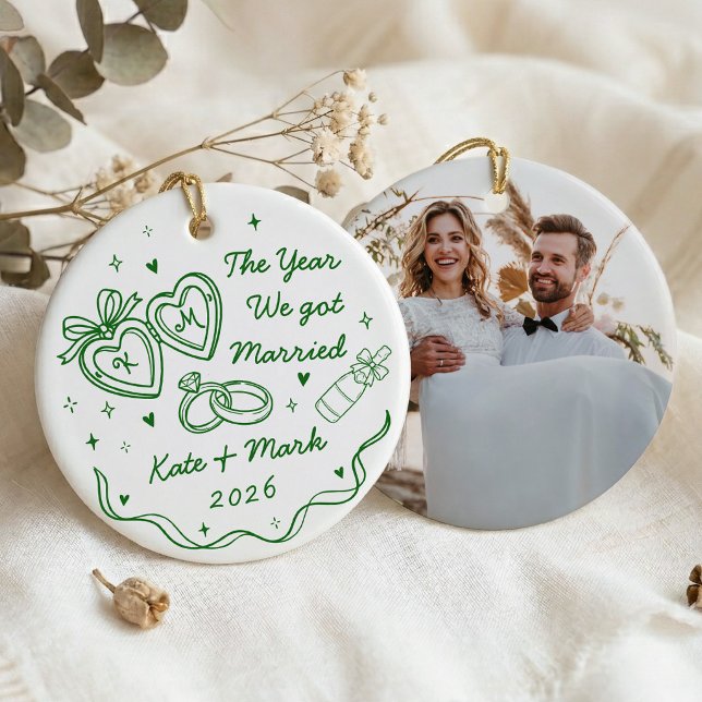 Whimsical Hand Drawn First Christmas Married Ceramic Ornament (Creator Uploaded)