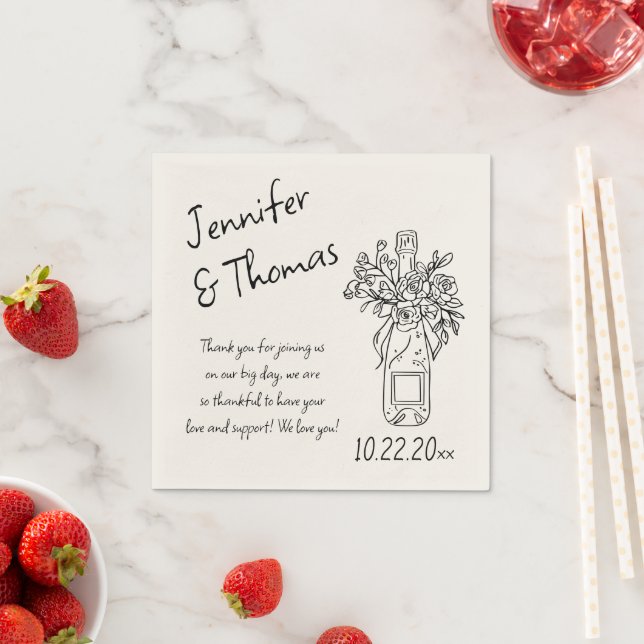 Whimsical Hand Drawn Floral Champagne Wedding Napkin (Insitu)