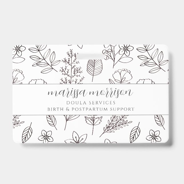 Whimsical Hand Drawn Floral On Pink Doula Badge (Front)