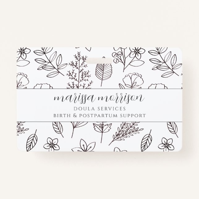 Whimsical Hand Drawn Floral On Pink Doula Badge (Front)