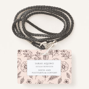 Whimsical Hand Drawn Floral On Pink Doula Badge