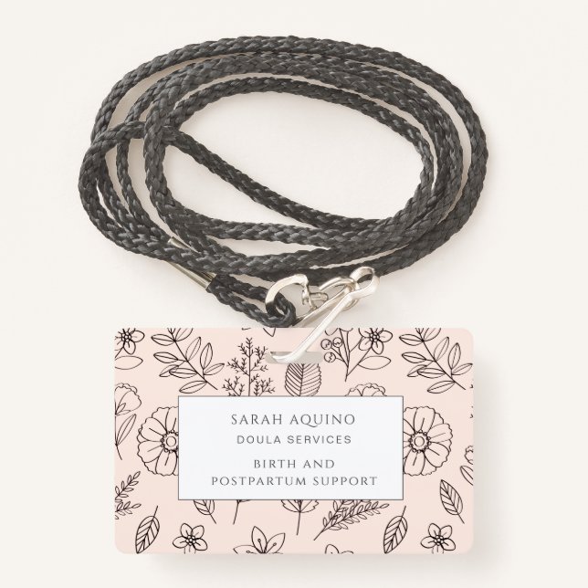 Whimsical Hand Drawn Floral On Pink Doula Badge (Front with Lanyard)