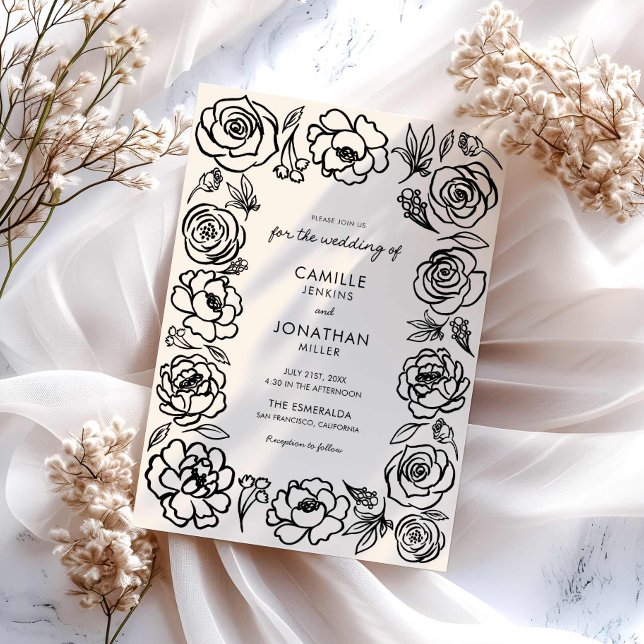 Whimsical Hand Drawn Floral Wedding Invitation (Whimsical hand floral wedding invitation)