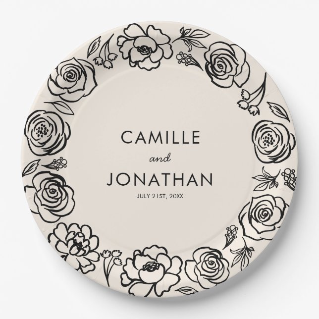Whimsical Hand Drawn Floral Wedding Paper  Paper Plate (Front)