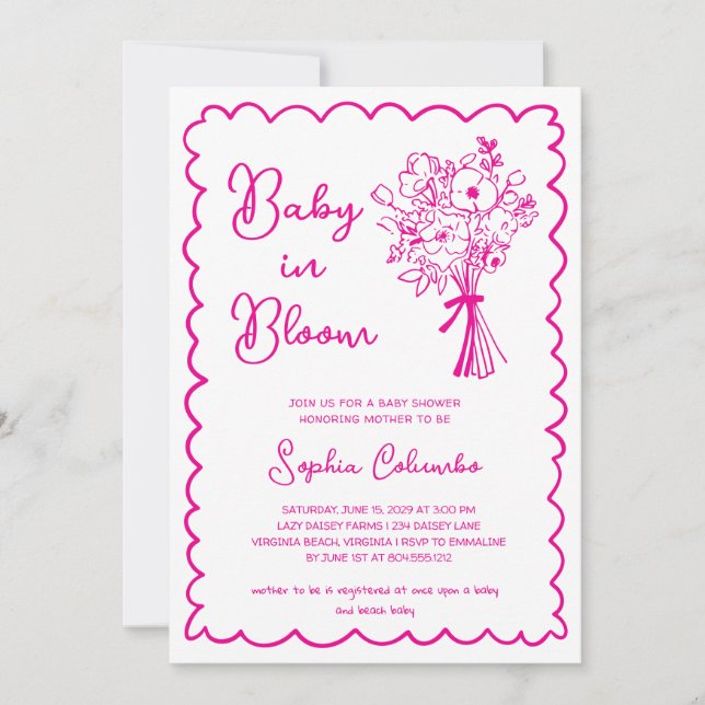Whimsical Hand Drawn Flower Bouquet Baby in Bloom  Invitation (Front)