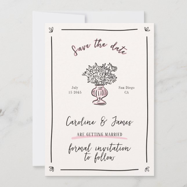 Whimsical, Hand drawn flower save the date  Invitation (Front)