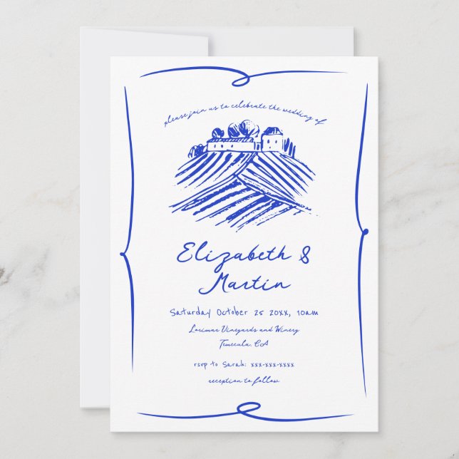 Whimsical Hand Drawn French Blue Winery Wedding Invitation (Front)
