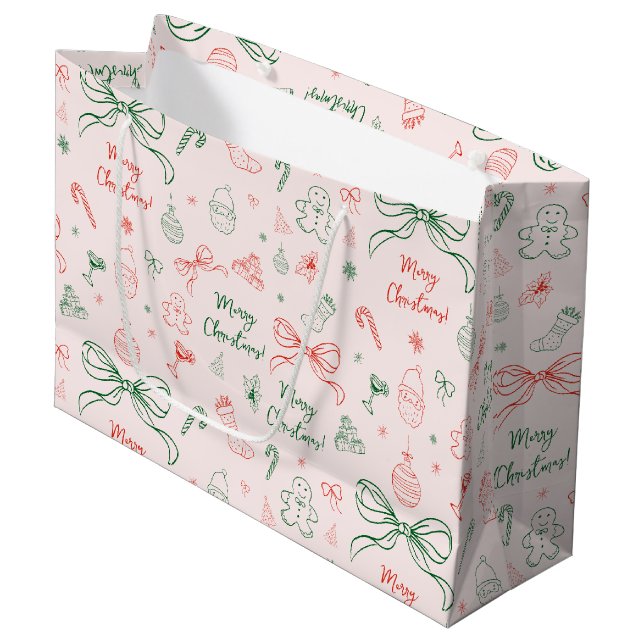 Whimsical hand Drawn Fun French Christmas Coquette Large Gift Bag (Front Angled)